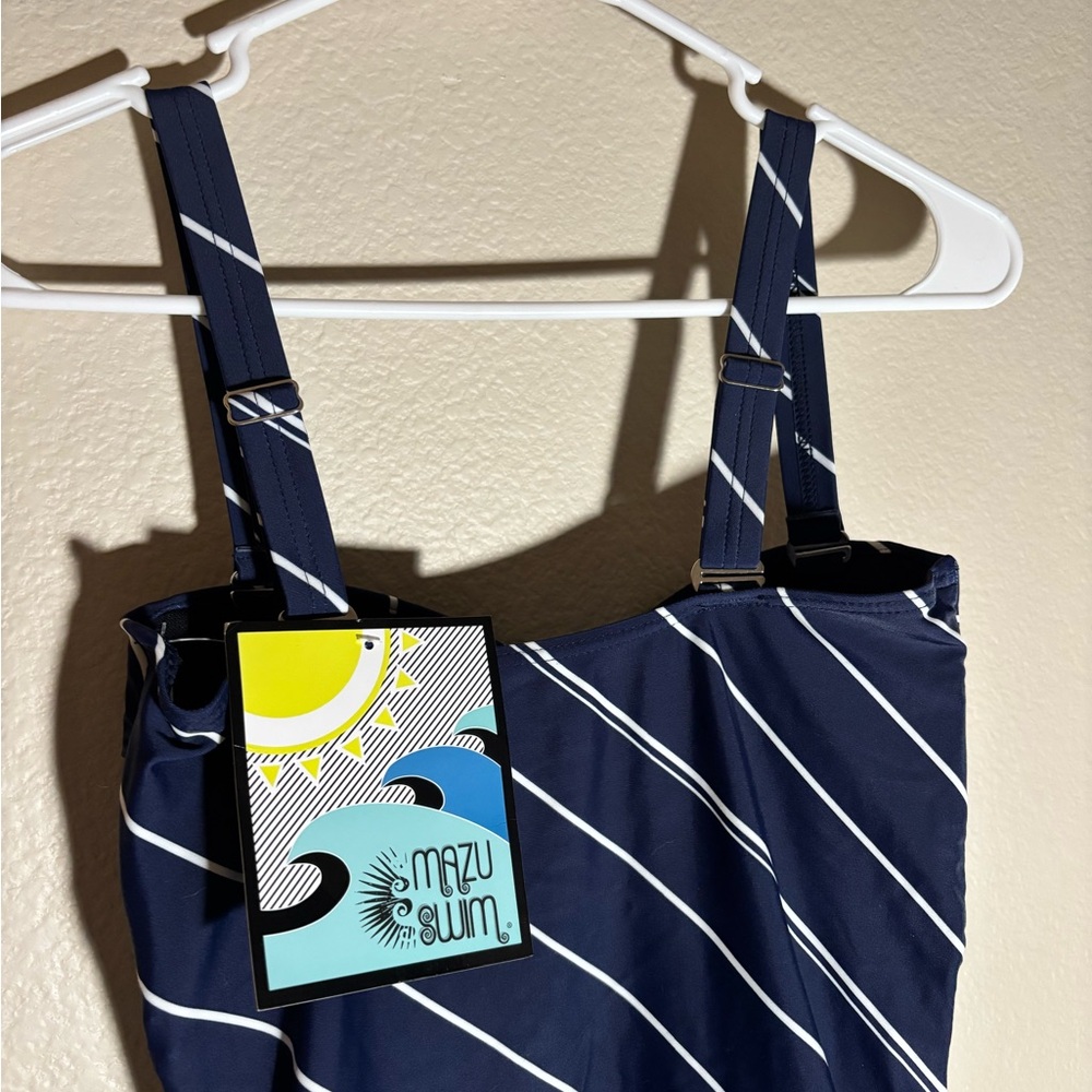 Elegant Navy and Pink Striped Women's One-Piece Swimsuit - Picture 3 of 4
